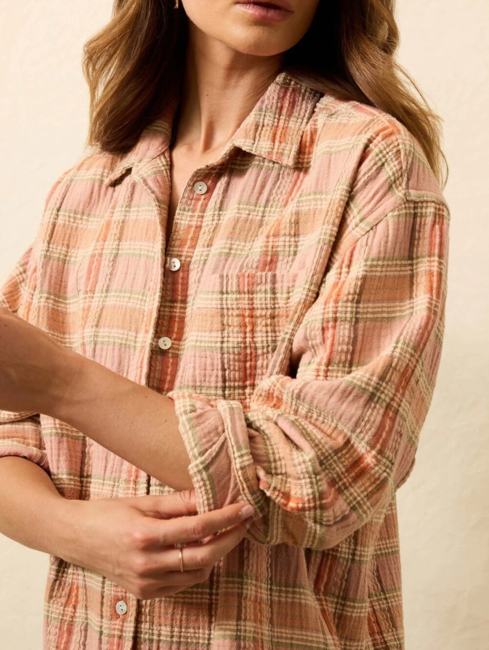 Faherty Dune Cotton Gauze Shirt L Tinted Rose Water Plaid NWT - Picture 5 of 7